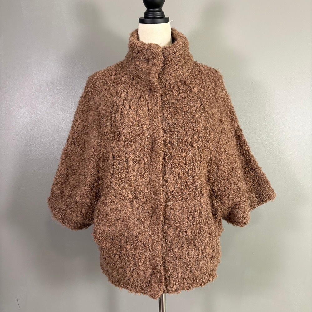 Sacred Threads Brown Shaggy Boucle Funnel‎ Neck Cardigan Poncho OS Boho Textured